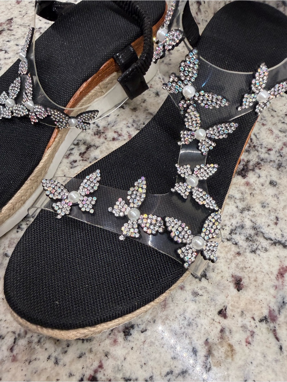 Women's Black Jeweled Butterfly Sandals - Clear Straps